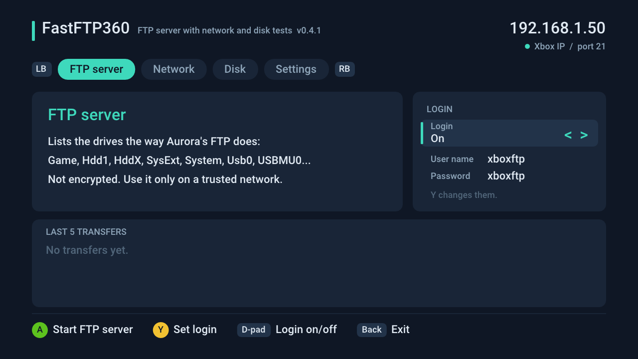 FTP server tab, ready