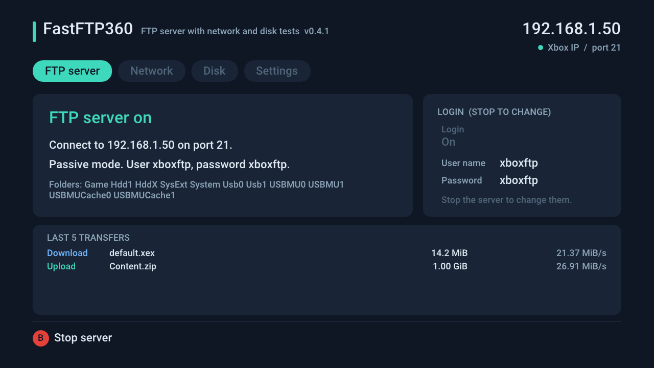 FTP server tab, server running