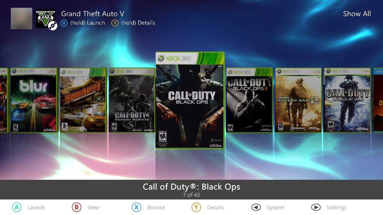 Aurora’s game list on an Xbox 360, showing Call of Duty: Black Ops and other games served by NetDisc360 with their covers