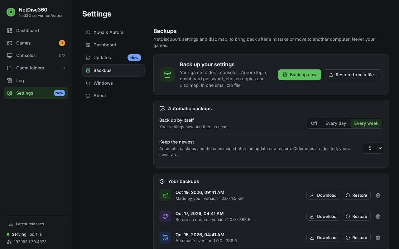 Settings, Backups: Back up now, Restore from a file, weekly automatic backups keeping the newest five, and the list of backups with Download and Restore