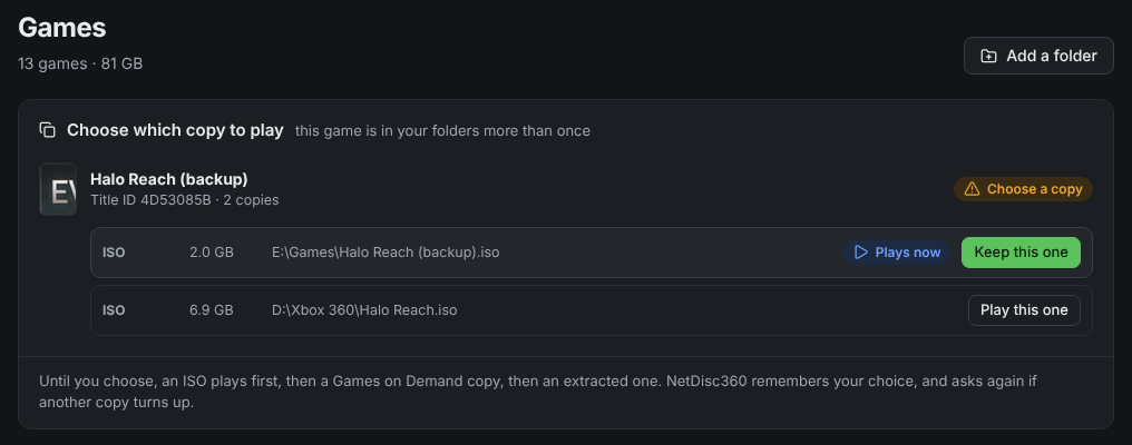 Choose which copy to play: Halo Reach is in the folders twice, as E:\Games\Halo Reach (backup).iso (playing now) and D:\Xbox 360\Halo Reach.iso, each with a button to play it
