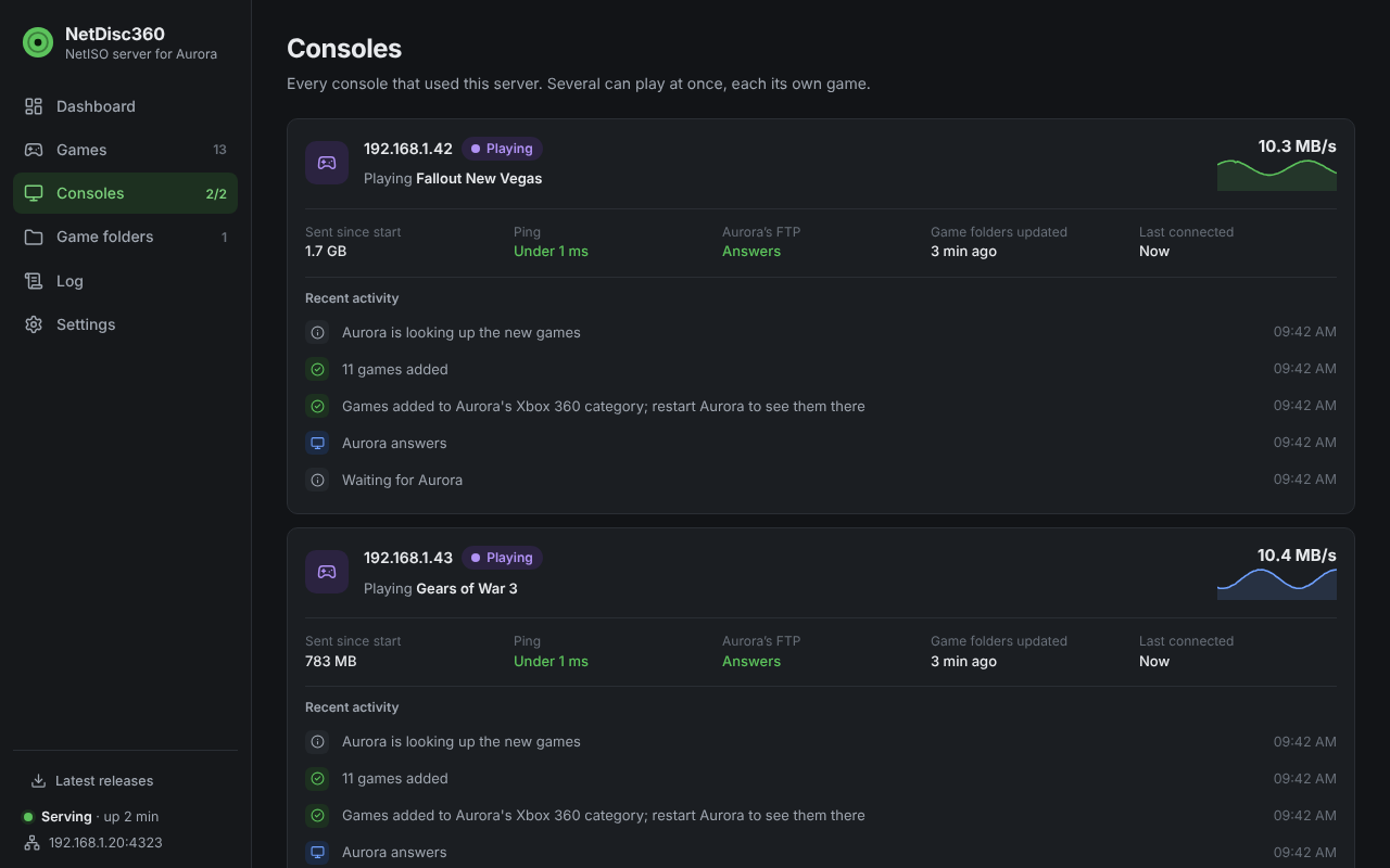 The Consoles page: two consoles, each playing a game, with what it was sent, its ping, whether its Aurora answers, when its game folders were updated, and its recent activity