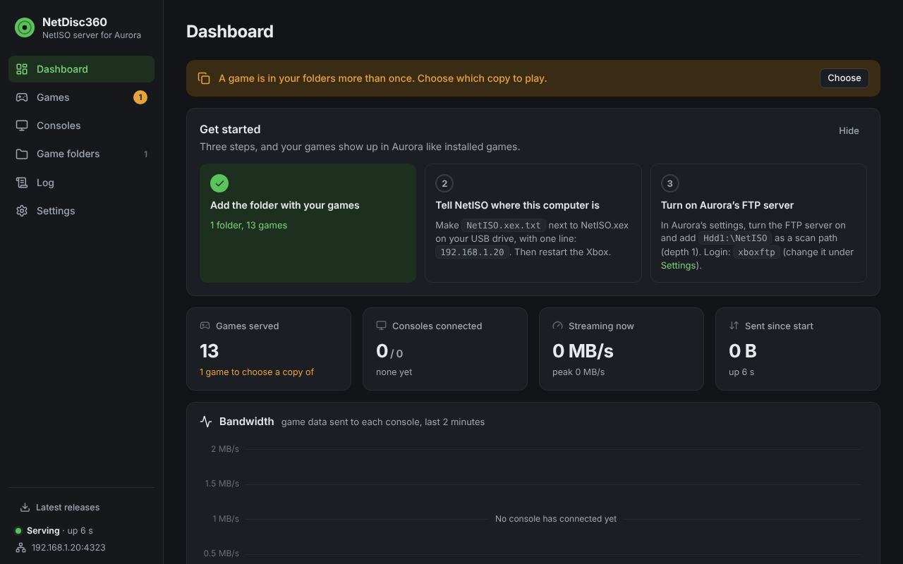 The dashboard on a first run: Get started, with the game folder added (13 games) and the next two steps, telling NetISO where the PC is and turning on Aurora’s FTP server