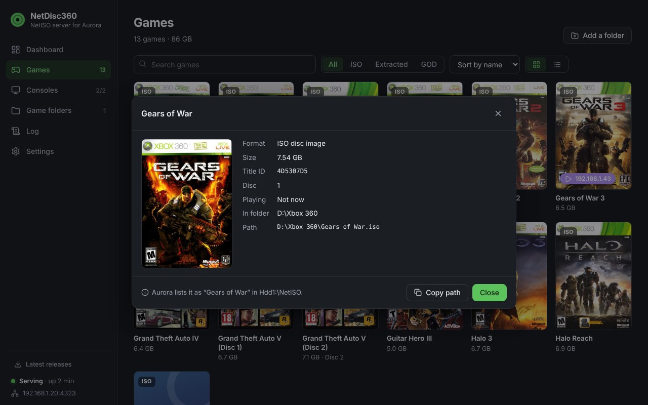 A game’s details: Gears of War, an ISO disc image of 7.54 GB, its Title ID, disc number, folder and path, and its name in Aurora