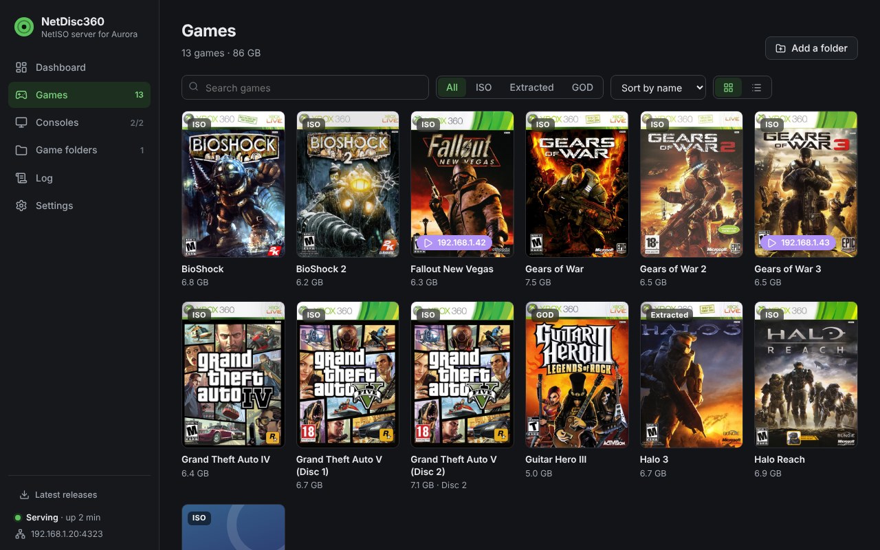 The Games page: games as covers, each marked ISO, Extracted or GOD, two of them showing the console playing them
