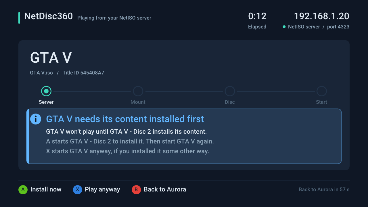 GTA V’s install notice: A starts the install disc, X plays anyway, B goes back to Aurora