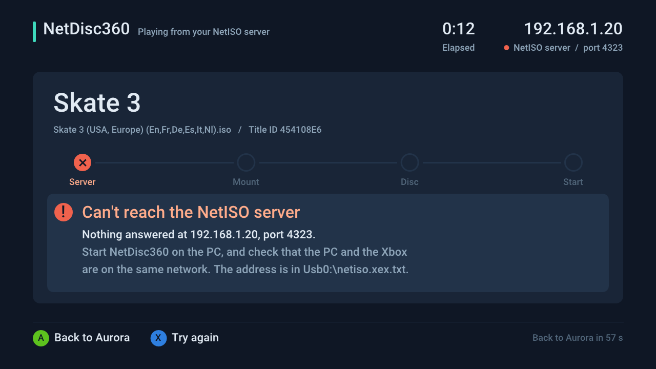 The loading screen’s error for a server that doesn’t answer: Can’t reach the NetISO server, with what to check, and A for Aurora or X to try again