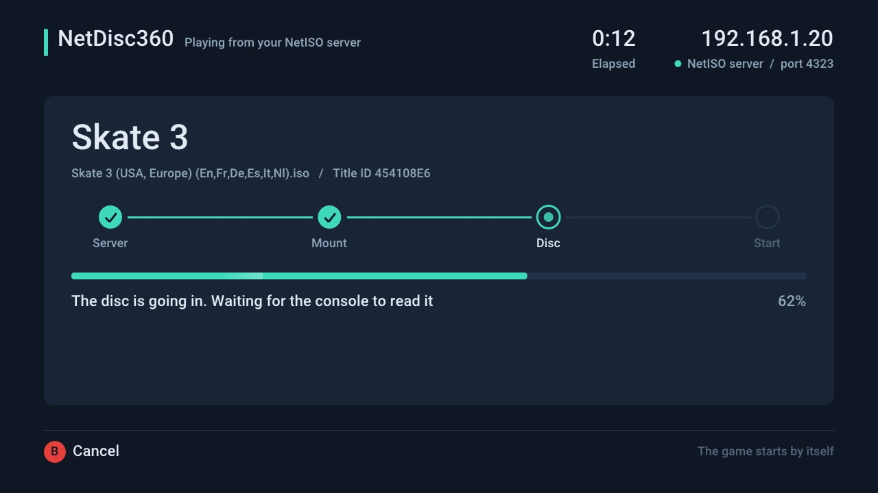 The loading screen: Skate 3 at the Disc step, 62%, with B to cancel