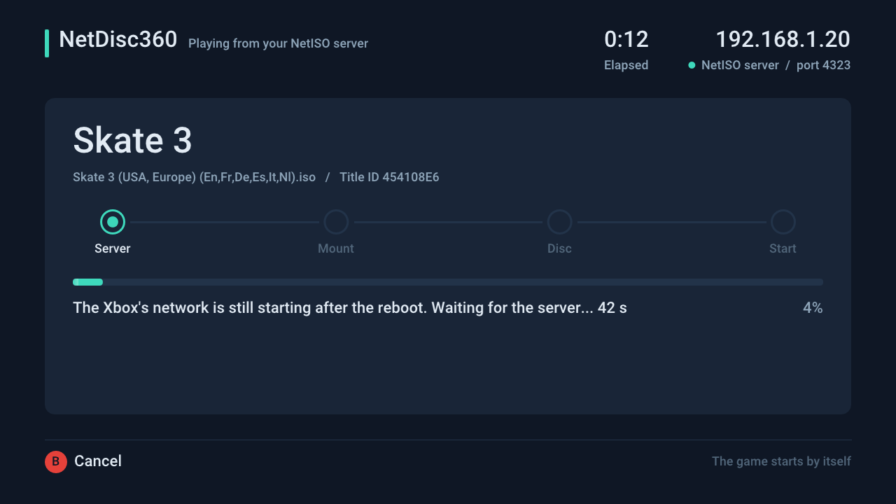 The loading screen right after a reboot: The Xbox’s network is still starting after the reboot. Waiting for the server… 42 s
