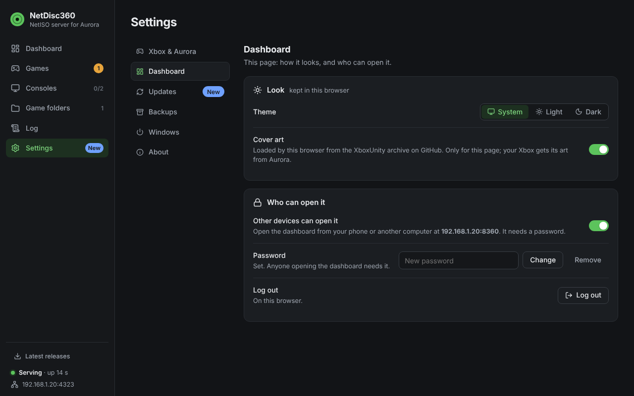 Settings, Dashboard: the theme, cover art, Other devices can open it (on) and the dashboard’s password (set)