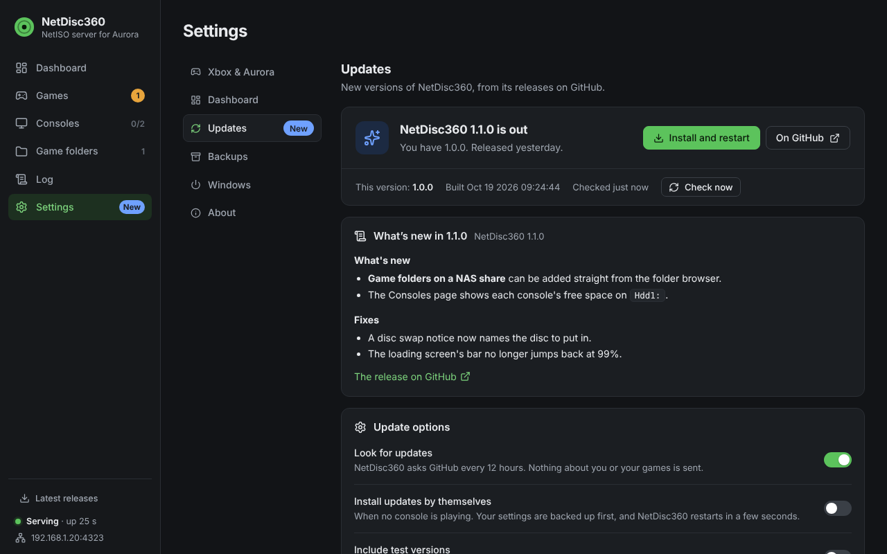 Settings, Updates: NetDisc360 1.1.0 is out, with Install and restart, what’s new in it, and the update options