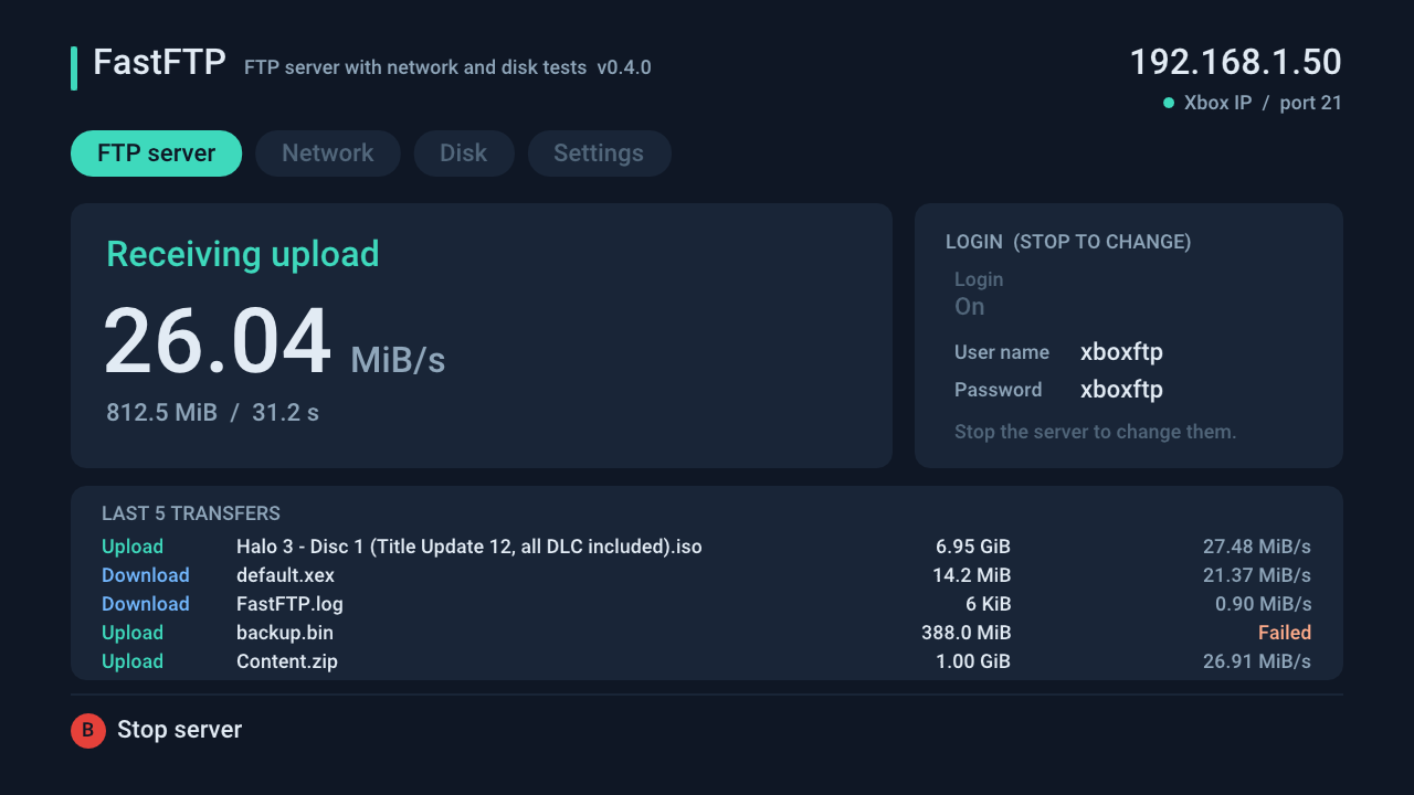 FastFTP receiving an upload at 26 MiB/s, with recent transfers at around 27 MiB/s